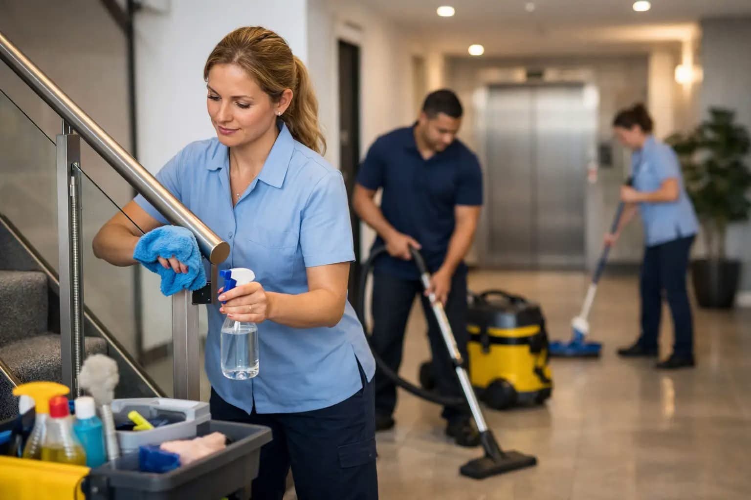 Three HD Shine Co staff cleaning a lit lobby stairwell