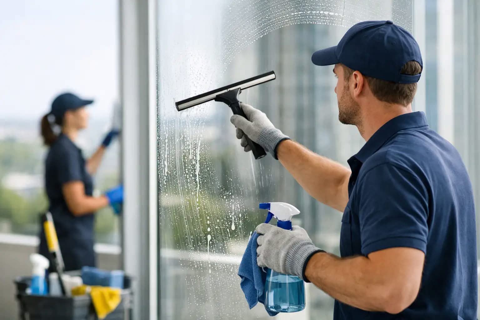 HD Shine Co crew squeegeeing high-rise office windows above a city skyline
