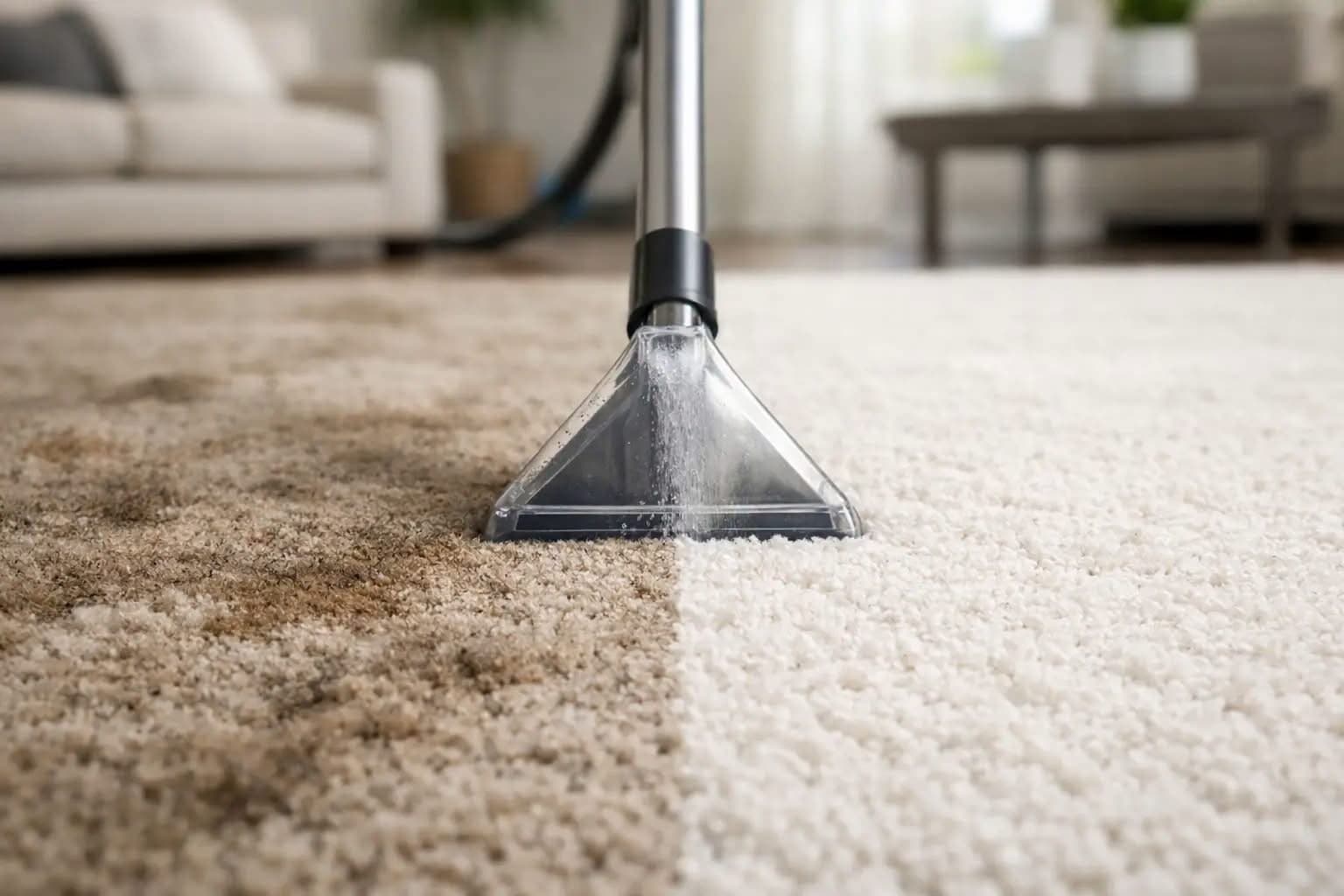 Carpet mid-clean, showing soiled fibres on one side and clean cream carpet on the other