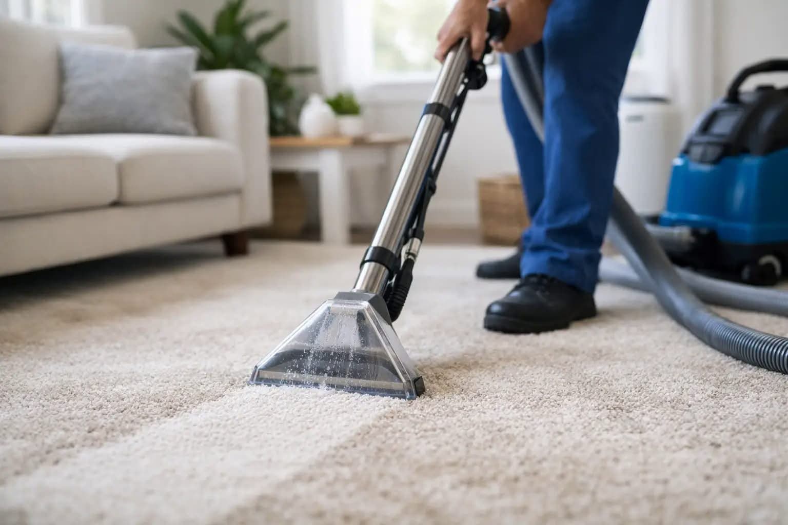Extraction wand drawing water from a cream carpet in a living room