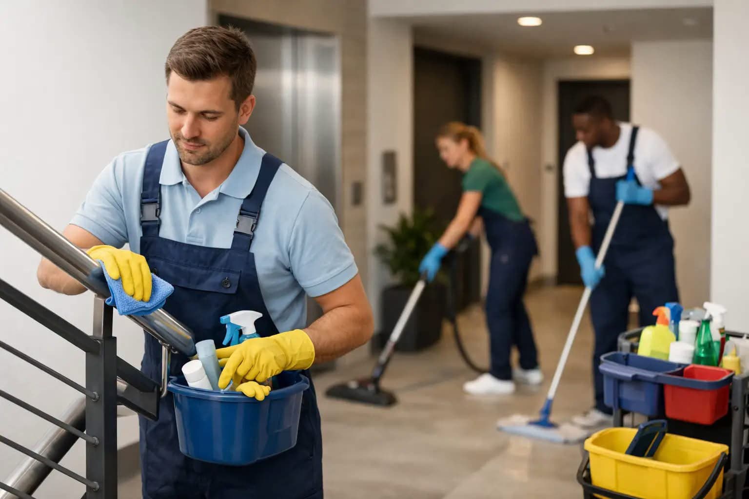Three HD Shine Co staff cleaning a commercial corridor with mop and vacuum