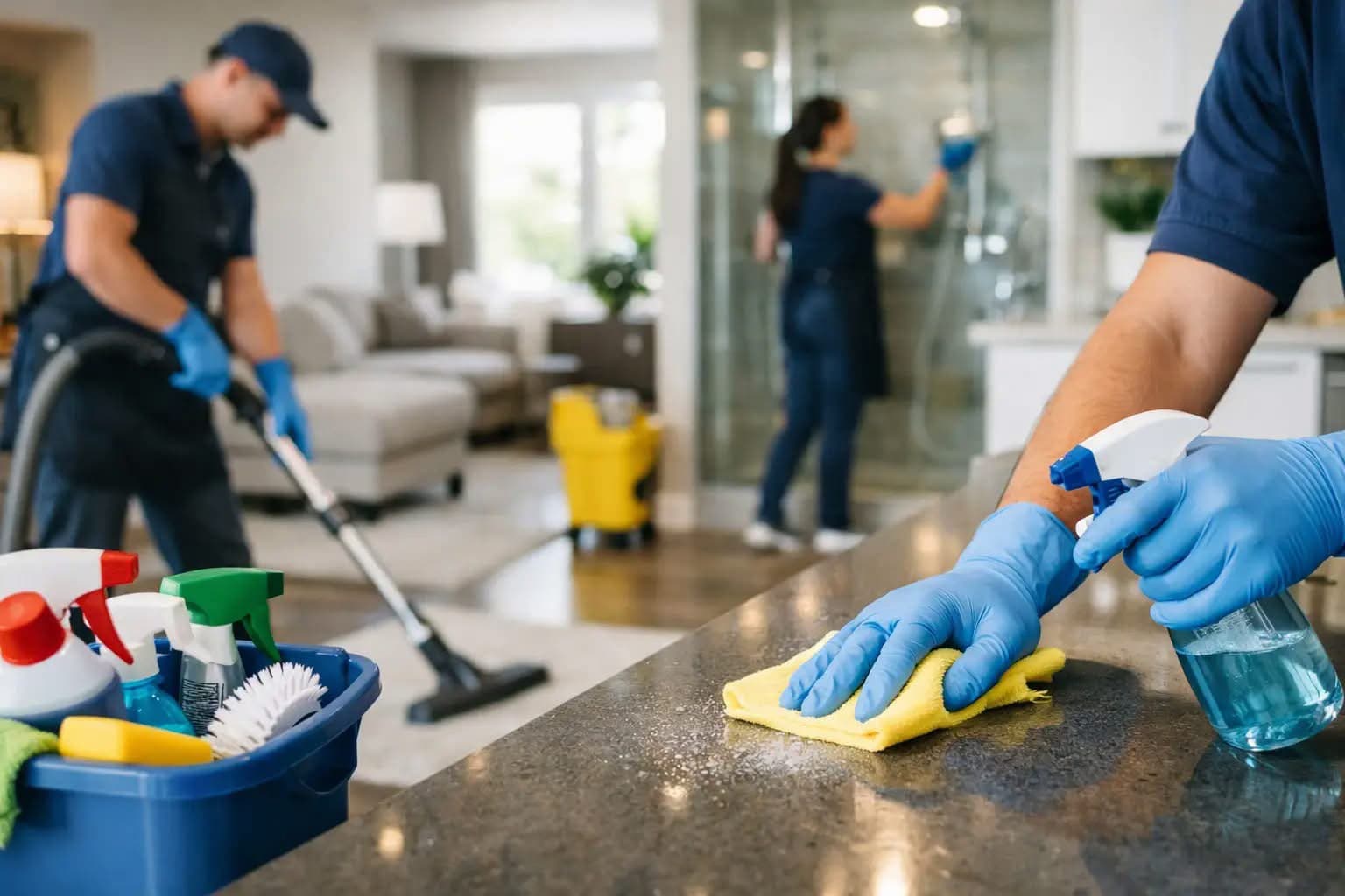 Cleaner wiping a kitchen benchtop while colleagues vacuum and clean shower glass
