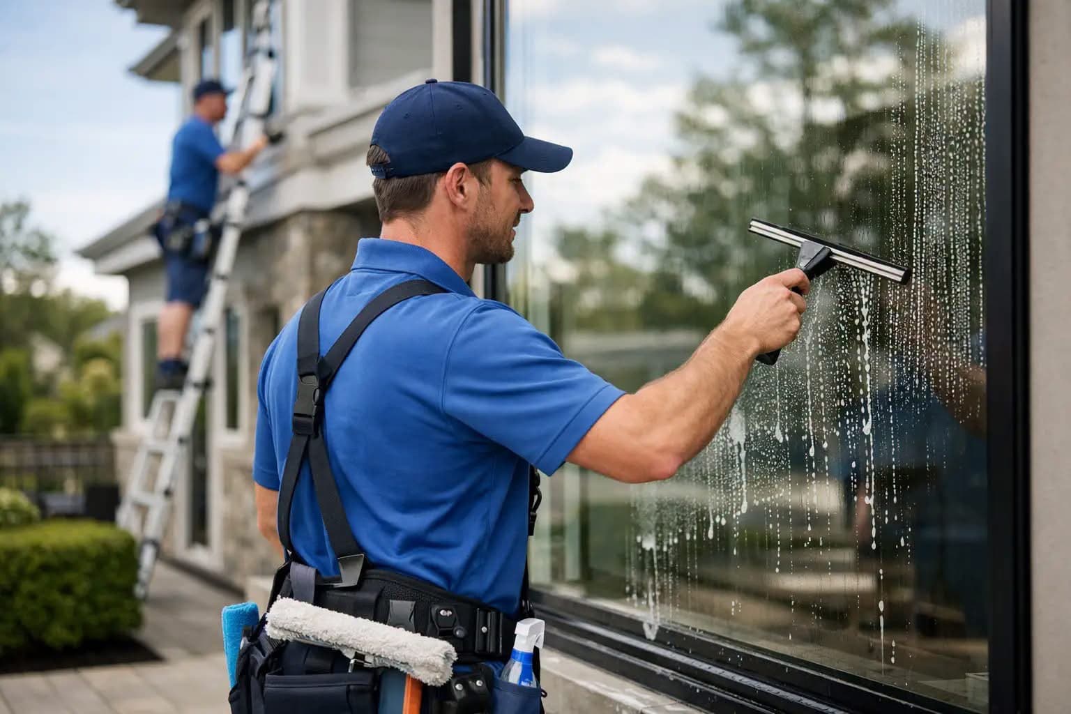 HD Shine Co cleaner squeegeeing an exterior window while a colleague works from a ladder